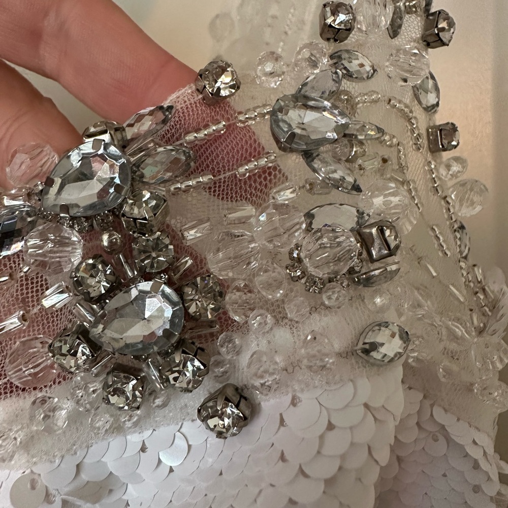PatBO White Sequin Mini Dress with Silver Beaded Trim - Picture 4 of 11